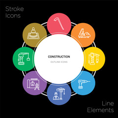 8 construction concept stroke icons infographic design on black background