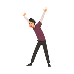 Scared and Terrified Man with His Hands Raised and Mouth Open, Emotional Frightened Person Character Afraid of Something Vector Illustration