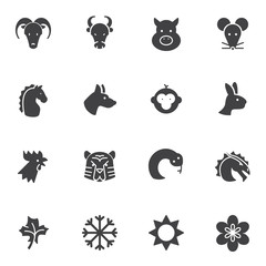 Fototapeta premium Chinese zodiac vector icons set, modern solid symbol collection, filled style pictogram pack. Signs, logo illustration. Set includes icons as monkey, tiger, horse, dragon, snake, rat, dog, bull, ox