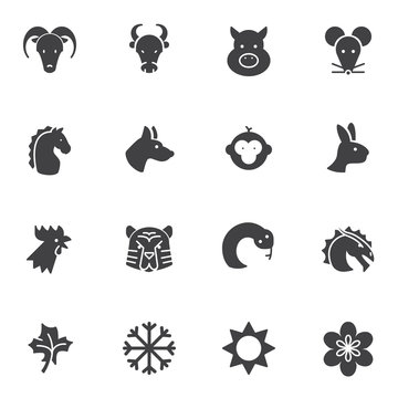 Chinese zodiac vector icons set, modern solid symbol collection, filled style pictogram pack. Signs, logo illustration. Set includes icons as monkey, tiger, horse, dragon, snake, rat, dog, bull, ox