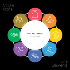 8 gym and fitness concept stroke icons infographic design on black background