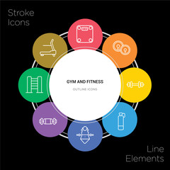 8 gym and fitness concept stroke icons infographic design on black background