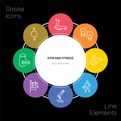 8 gym and fitness concept stroke icons infographic design on black background