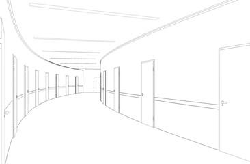 long corridor with doors, contour visualization, 3D illustration, sketch, outline