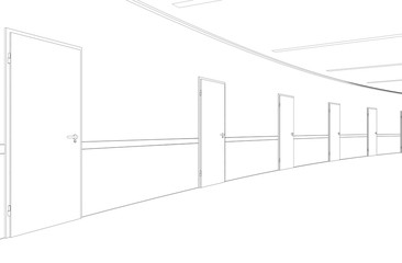 long corridor with doors, contour visualization, 3D illustration, sketch, outline