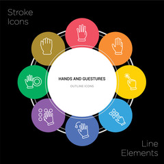 8 hands and guestures concept stroke icons infographic design on black background