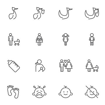 Maternity line icons set. linear style symbols collection, outline signs pack. vector graphics. Set includes icons as pregnant woman, stork with baby, family, crying child, milk bottle, breast feeding