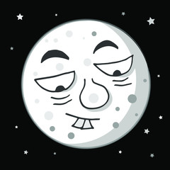 Funny moon on a black background with stars looks down. The moon in the sky.