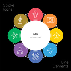 8 india concept stroke icons infographic design on black background