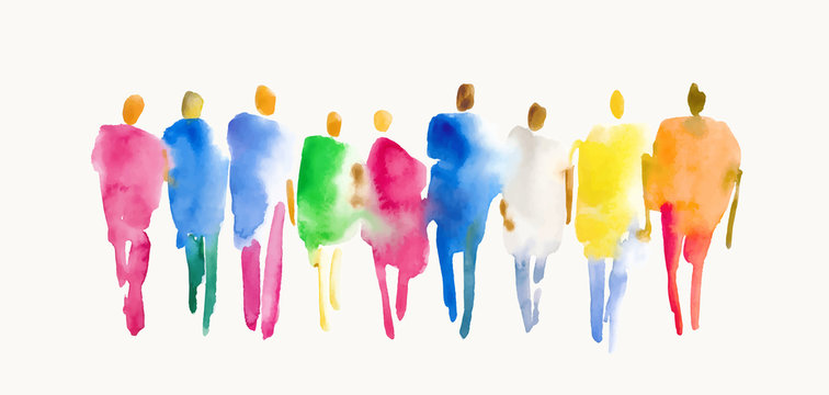 Color spot with watercolors in the form of a group of people. Vector watercolor hand painted silhouette of man and woman