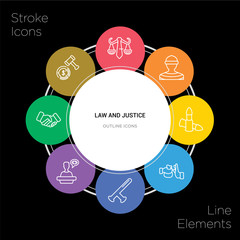 8 law and justice concept stroke icons infographic design on black background