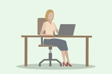 Fototapeta na wymiar Caucasian woman sitting at desk and working on laptop. Vector illustration.