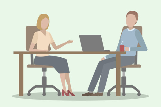 Caucasian man woman sitting at table and talking. Office. Vector illustration.