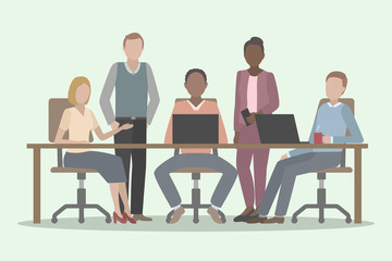 Teamwork in multiethnic collective. Vector illustration.