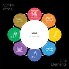 8 music concept stroke icons infographic design on black background