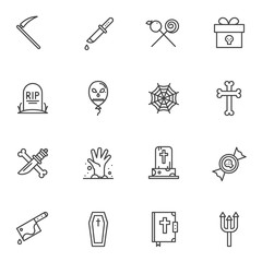 Halloween decoration line icons set. linear style symbols collection outline signs pack. vector graphics. Set includes icons as graveyard, tombstone, spider web, bones cross, holy bible, coffin, knife