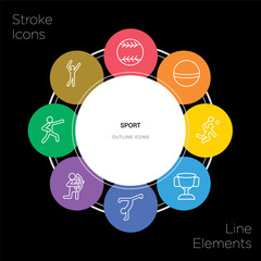 8 sport concept stroke icons infographic design on black background