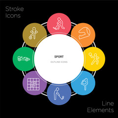8 sport concept stroke icons infographic design on black background