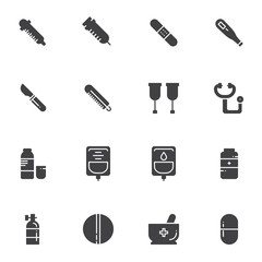 Medical vector icons set, modern solid symbol collection filled style pictogram pack. Signs logo illustration. Set includes icons as syringe, thermometer, scalpel, stethoscope, medicine pills, dripper