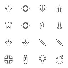 Medical services line icons set. linear style symbols collection, outline signs pack. vector graphics. Set includes icons as heart cardiogram, brain, surgery, dentist, traumatologist, ophthalmologist