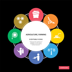 8 agriculture, farming concept icons infographic design. agriculture, farming concept infographic design on black background