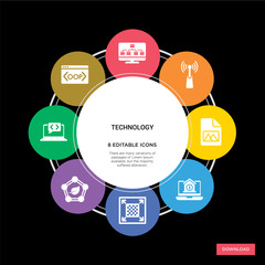 8 technology concept icons infographic design. technology concept infographic design on black background