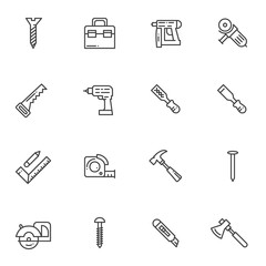 Repair tool line icons set. linear style symbols collection outline signs pack. vector graphics. Set includes icons as hammer drill, tool box, hand saw, screw bolt, electric screwdriver, measure tape