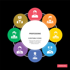 8 professions concept icons infographic design. professions concept infographic design on black background