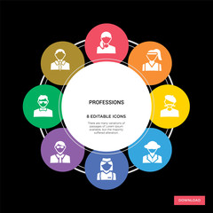 8 professions concept icons infographic design. professions concept infographic design on black background