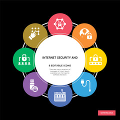 8 internet security and concept icons infographic design. internet security and concept infographic design on black background