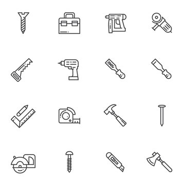 Repair tool line icons set. linear style symbols collection outline signs pack. vector graphics. Set includes icons as hammer drill, tool box, hand saw, screw bolt, electric screwdriver, measure tape