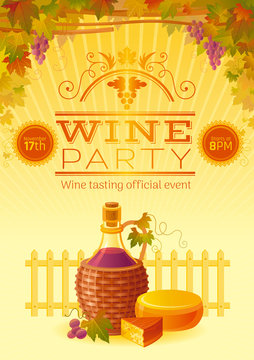 Wine festival poster. For wine party invitation, beaujolais nouveau fest. Autumn vector illustration.