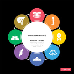 8 human body parts concept icons infographic design. human body parts concept infographic design on black background