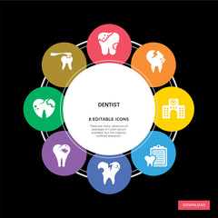 8 dentist concept icons infographic design. dentist concept infographic design on black background