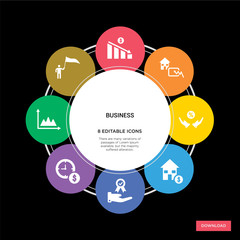 8 business concept icons infographic design. business concept infographic design on black background