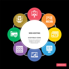 8 web hosting concept icons infographic design. web hosting concept infographic design on black background