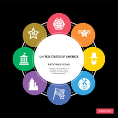 8 united states of america concept icons infographic design. united states of america concept infographic design on black background