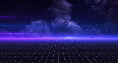 Retro Sci-Fi Background Futuristic Grid landscape of the 80`s. Digital Cyber Surface. Suitable for design in the style of the 1980`s. 3D illustration