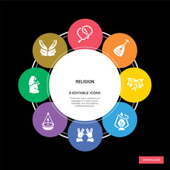 8 religion concept icons infographic design. religion concept infographic design on black background