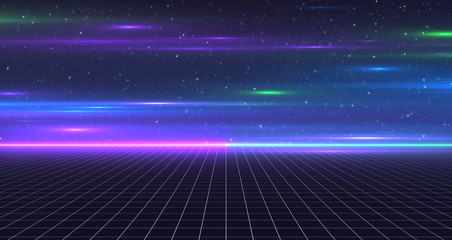 Retro Sci-Fi Background Futuristic Grid landscape of the 80`s. Digital Cyber Surface. Suitable for design in the style of the 1980`s. 3D illustration