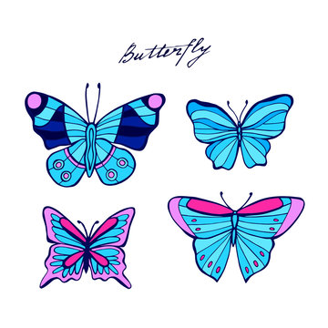 Neon tropic butterflies set vector. Illustration of hand drawn butteflies.