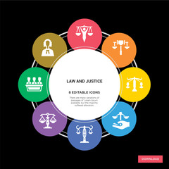 8 law and justice concept icons infographic design. law and justice concept infographic design on black background