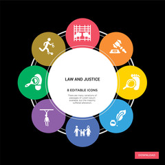 8 law and justice concept icons infographic design. law and justice concept infographic design on black background