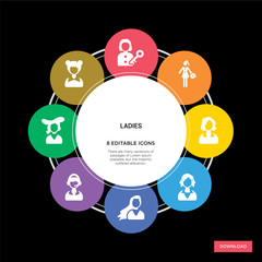 8 ladies concept icons infographic design. ladies concept infographic design on black background