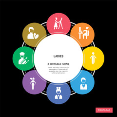 8 ladies concept icons infographic design. ladies concept infographic design on black background