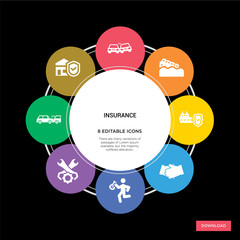 8 insurance concept icons infographic design. insurance concept infographic design on black background