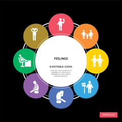 8 feelings concept icons infographic design. feelings concept infographic design on black background