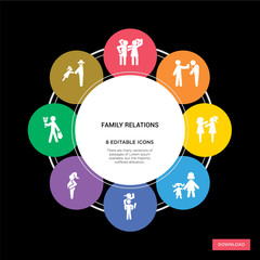 8 family relations concept icons infographic design. family relations concept infographic design on black background