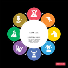 8 fairy tale concept icons infographic design. fairy tale concept infographic design on black background