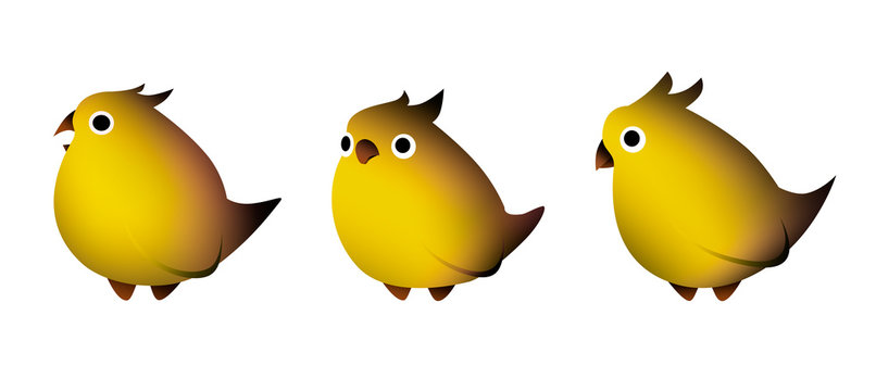yellow birds with a crest in a gradient in different poses on a white background